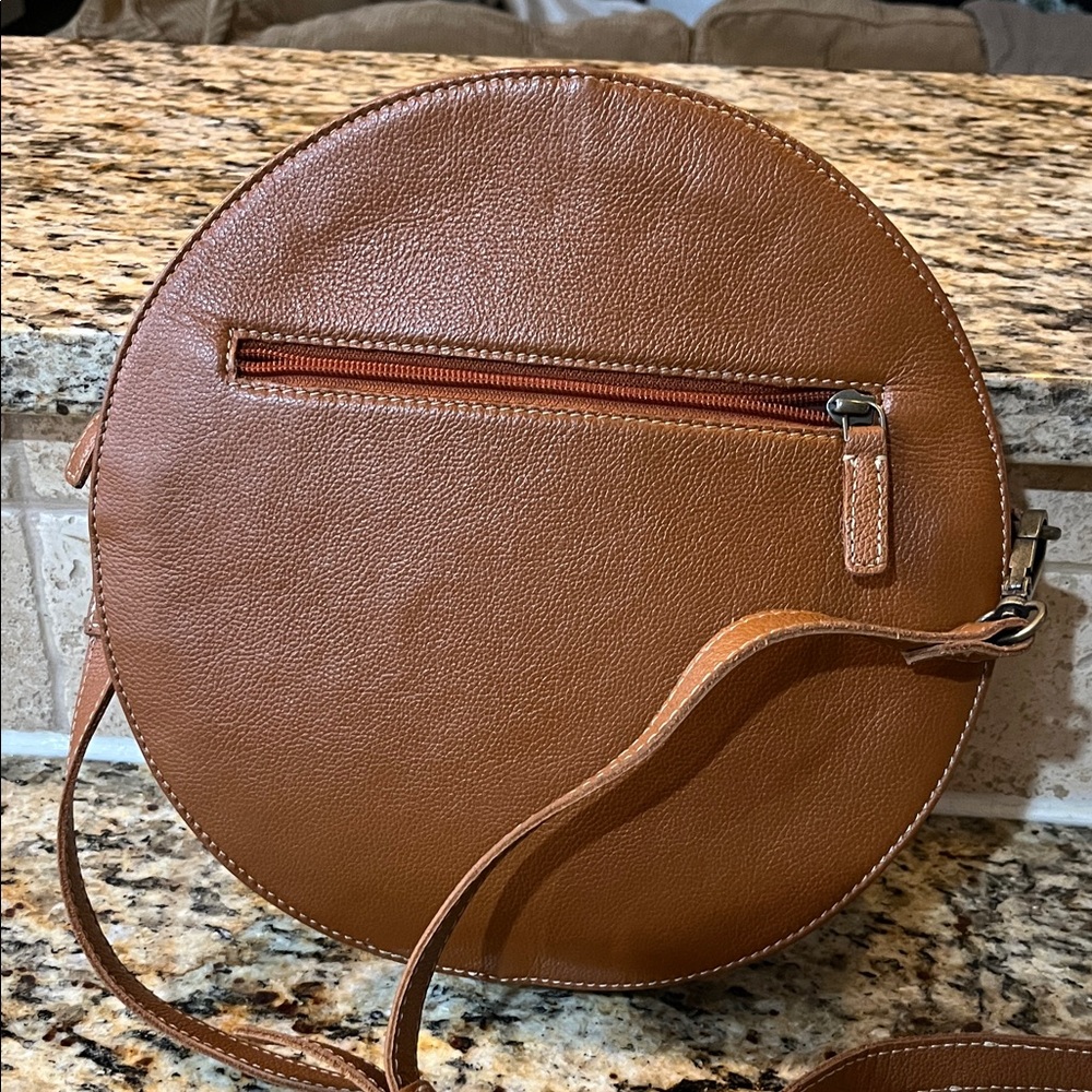 Myra Bag Brown Tooled Leather Round Crossbody with Hair-On Wallet - Picture 5 of 8